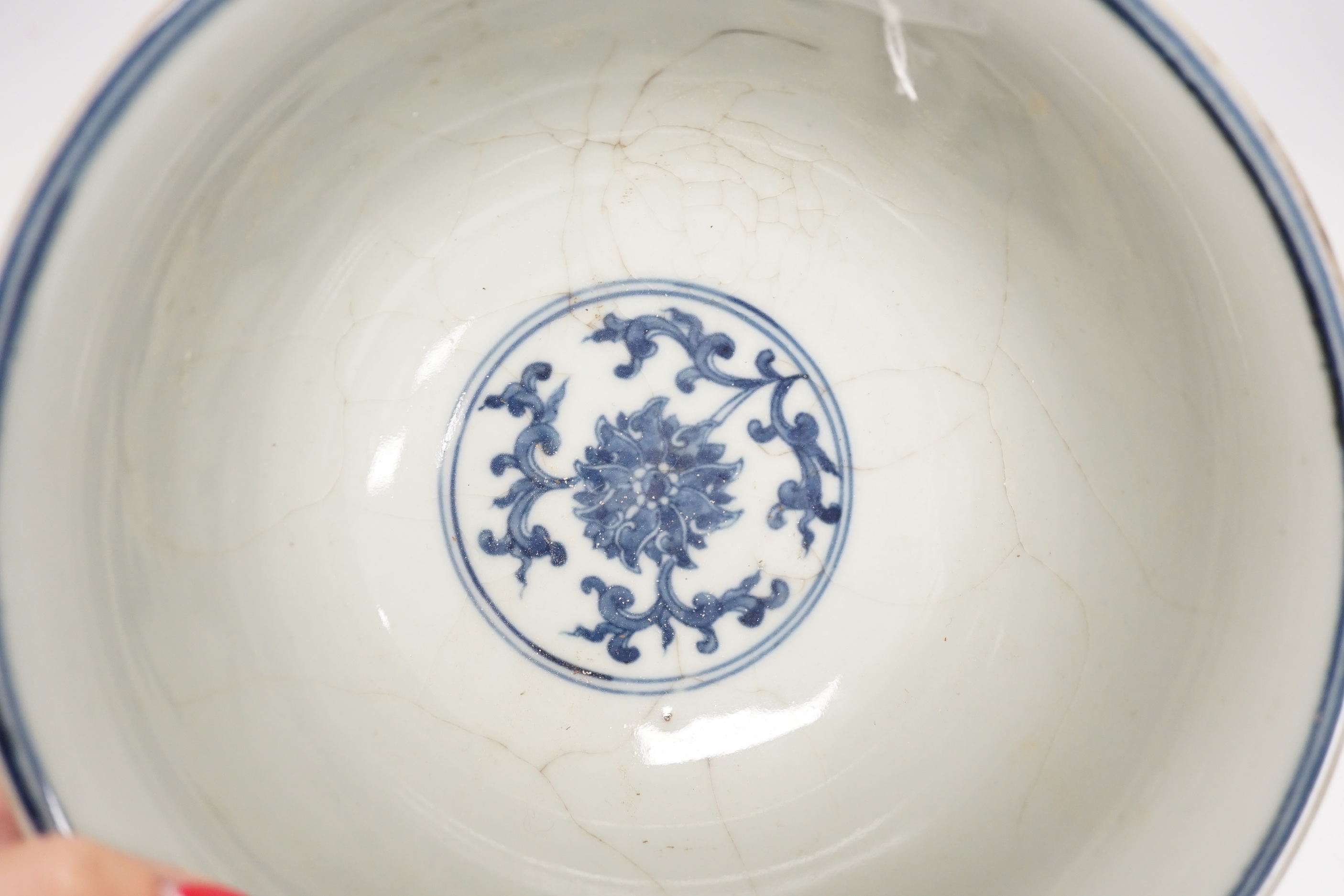 A Chinese blue and white 'lotus' bowl, 18.5cm diameter